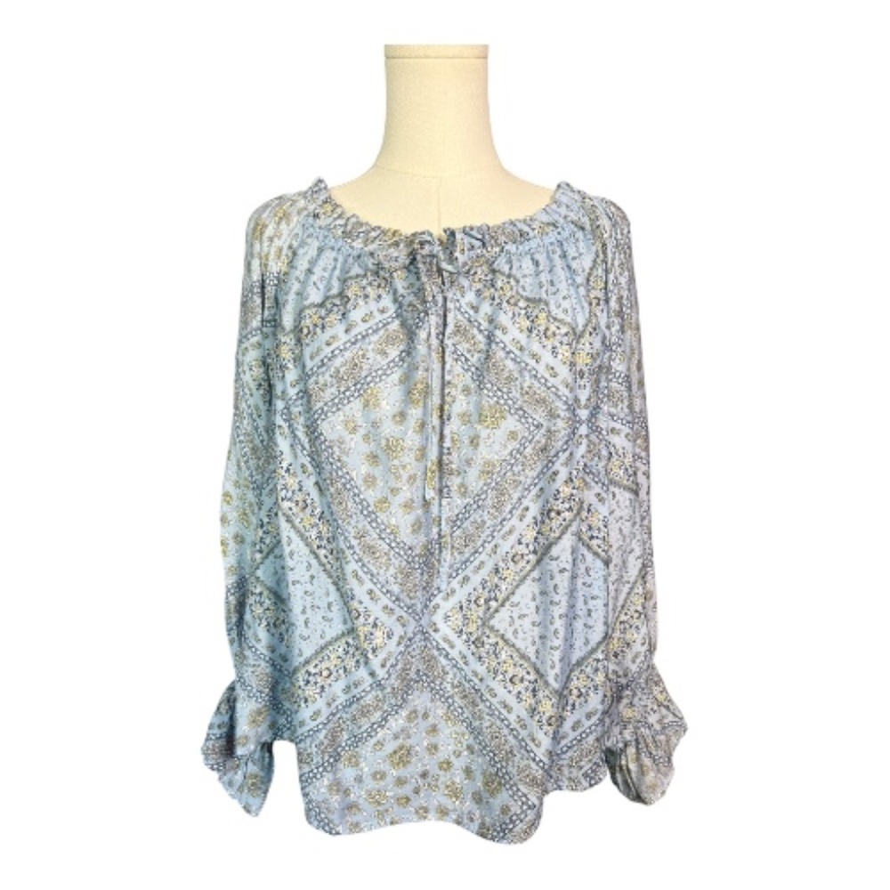 EUC Blu Pepper boho paisley ruffle neck blouse | size L